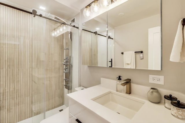 full bath featuring toilet, vanity, and a shower stall
