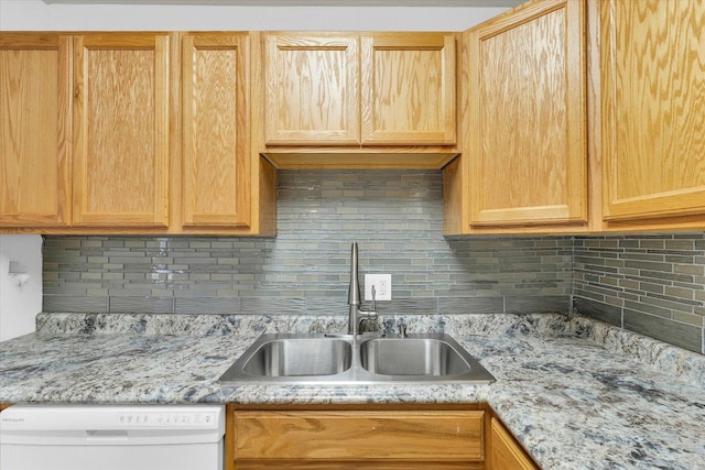 504 N 4th St, Saint Joseph, IL 61873 - kitchen with a sink, white dishwasher, tasteful backsplash, light brown cabinetry, and light stone countertops