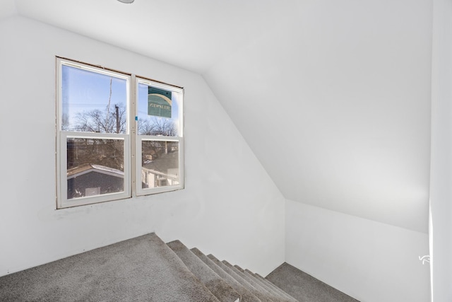 interior space with carpet floors and vaulted ceiling