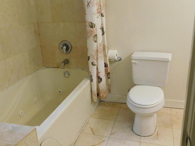 full bathroom with toilet, a combined bath / shower with jetted tub, and baseboards