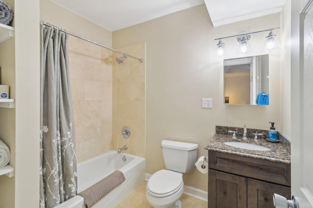 bathroom with vanity, baseboards, shower / bath combo with shower curtain, tile patterned floors, and toilet