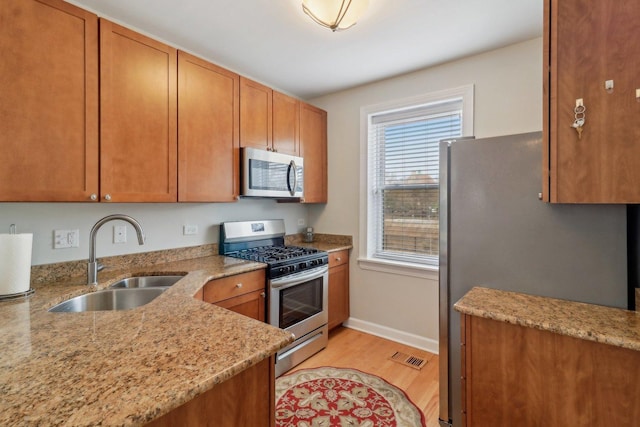 kitchen featuring brown cabinetry, visible vents, a sink, appliances with stainless steel finishes, and light wood-type flooring