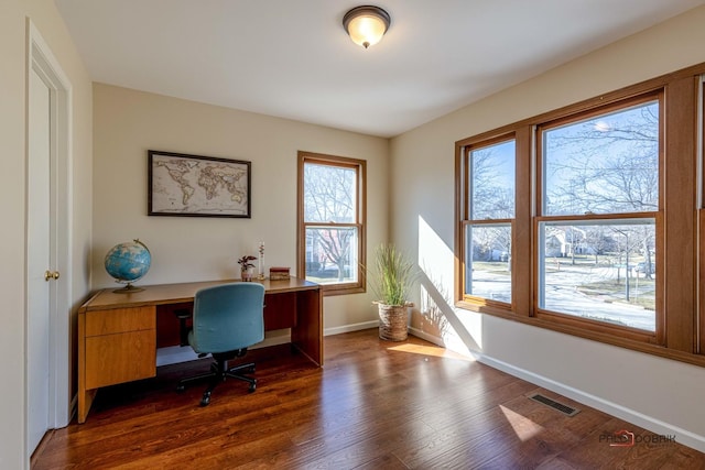 home office with baseboards, visible vents, and dark wood finished floors