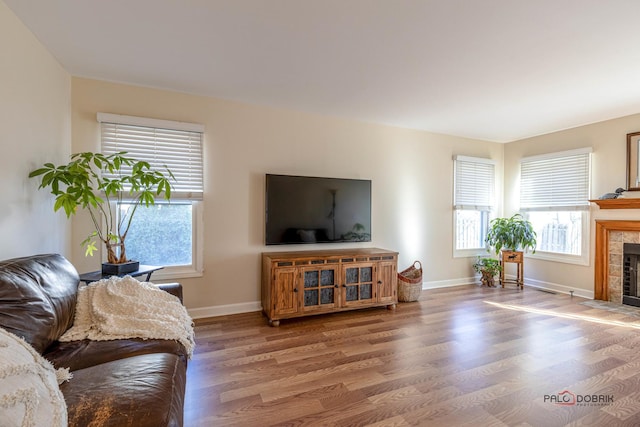 living area featuring baseboards, a fireplace, and light wood-style flooring