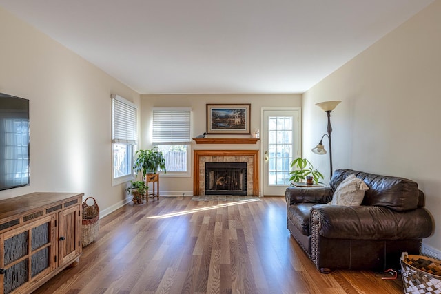 living room with baseboards, a fireplace, and wood finished floors