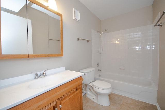 full bath with toilet, tile patterned flooring, vanity, and washtub / shower combination