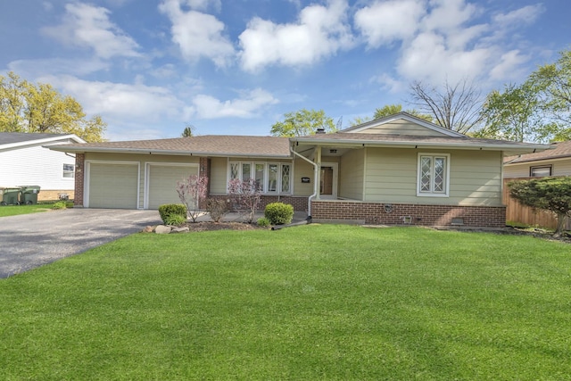 single story home with driveway, a garage, brick siding, a porch, and roof with shingles