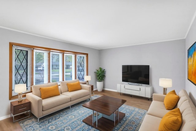 living room featuring baseboards, wood finished floors, and crown molding