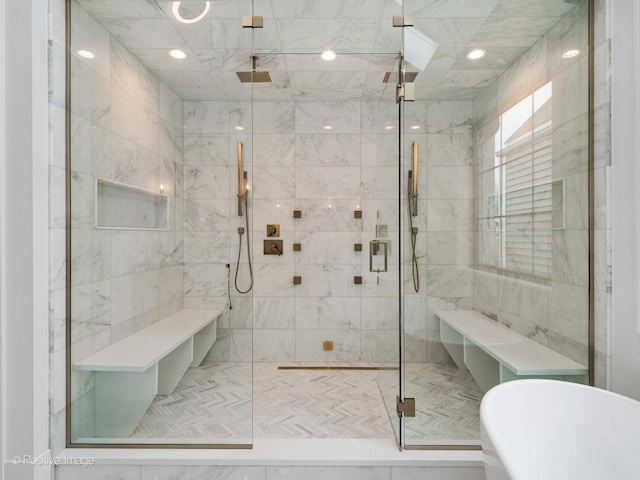 2141 W Grace St, Chicago, IL 60618 - bathroom with a soaking tub, a stall shower, and recessed lighting