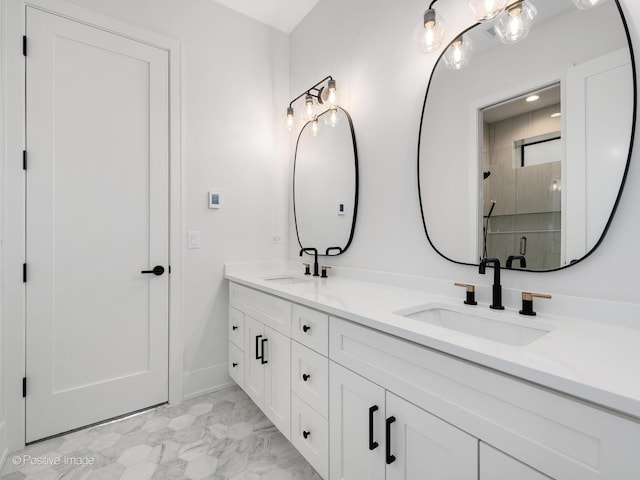2141 W Grace St, Chicago, IL 60618 - full bathroom featuring double vanity, a stall shower, and marble look tile flooring