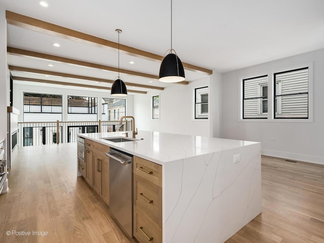 2141 W Grace St, Chicago, IL 60618 - kitchen with stainless steel dishwasher, light wood finished floors, an island with sink, beam ceiling, and recessed lighting