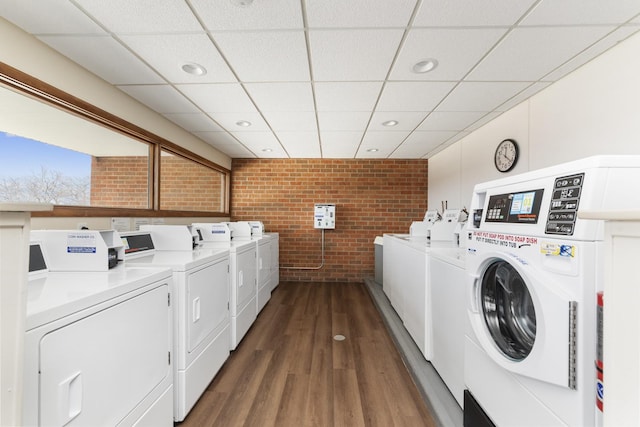 4221 Saratoga Ave Unit 310-A, Downers Grove, IL 60515 - community laundry room featuring independent washer and dryer, recessed lighting, brick wall, and dark wood-style flooring