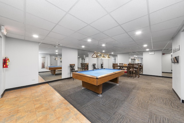 4221 Saratoga Ave Unit 310-A, Downers Grove, IL 60515 - rec room featuring baseboards, billiards, recessed lighting, and a paneled ceiling