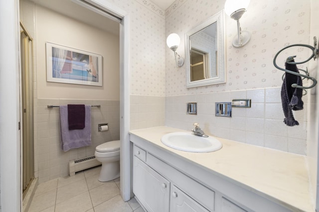 4221 Saratoga Ave Unit 310-A, Downers Grove, IL 60515 - bathroom featuring a wainscoted wall, wallpapered walls, a baseboard heating unit, and vanity