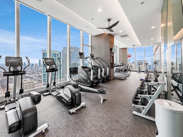 363 E Wacker Dr Unit 6306, Chicago, IL 60601 - gym featuring expansive windows, a skyline view, ceiling fan, and recessed lighting