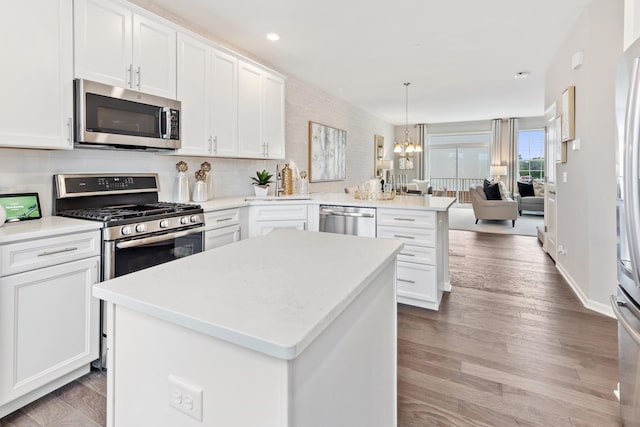 3905 Neubauer Cir Unit 204, Lindenhurst, IL 60046 - kitchen featuring stainless steel appliances, a peninsula, open floor plan, a chandelier, and white cabinets