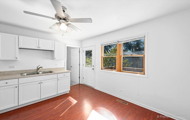 kitchen with white cabinetry, dark wood finished floors, a sink, and visible vents