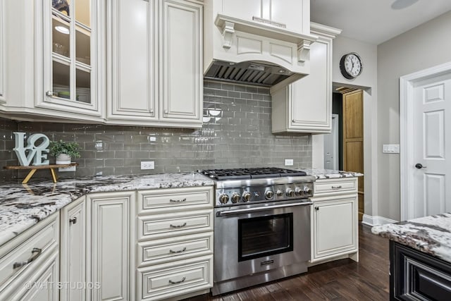 6 Shenandoah Cir S, Barrington, IL 60010 - kitchen featuring stainless steel stove, dark wood-style flooring, and light stone counters