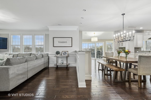 6 Shenandoah Cir S, Barrington, IL 60010 - living room with recessed lighting, ornamental molding, a wainscoted wall, and dark wood-style flooring