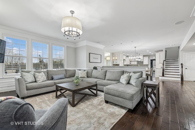 6 Shenandoah Cir S, Barrington, IL 60010 - living area featuring dark wood finished floors, recessed lighting, stairs, a notable chandelier, and crown molding