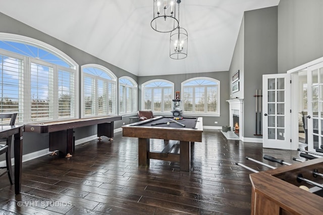 6 Shenandoah Cir S, Barrington, IL 60010 - recreation room with an inviting chandelier, hardwood / wood-style flooring, billiards, baseboards, and high vaulted ceiling