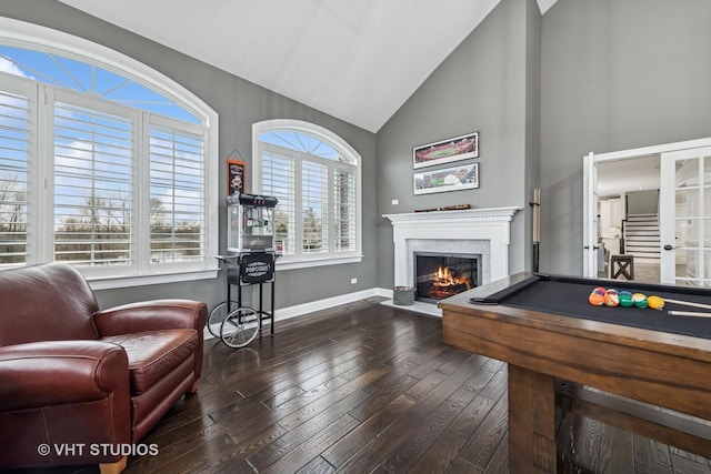 6 Shenandoah Cir S, Barrington, IL 60010 - recreation room featuring pool table, wood-type flooring, a glass covered fireplace, baseboards, and high vaulted ceiling