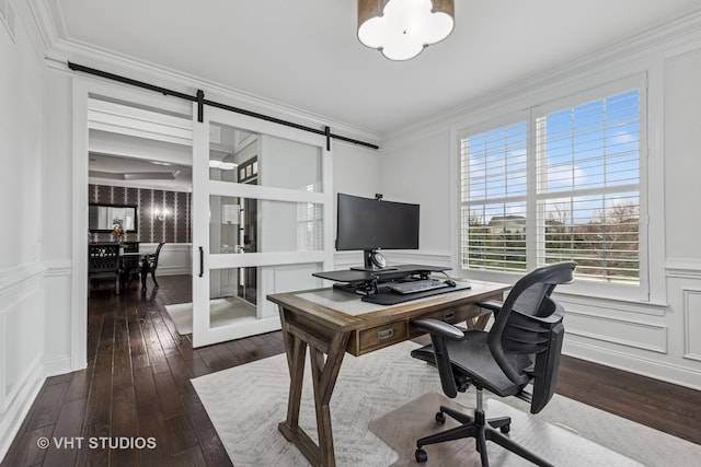 6 Shenandoah Cir S, Barrington, IL 60010 - home office featuring dark wood-style flooring, a barn door, crown molding, a decorative wall, and wainscoting