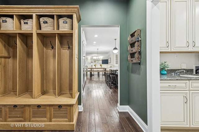 6 Shenandoah Cir S, Barrington, IL 60010 - mudroom with an inviting chandelier, a sink, baseboards, and dark wood-type flooring