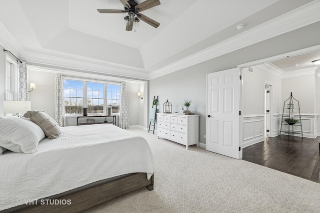 6 Shenandoah Cir S, Barrington, IL 60010 - bedroom with ornamental molding, a wainscoted wall, a ceiling fan, and a raised ceiling