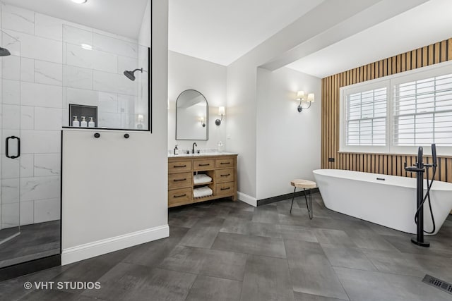 6 Shenandoah Cir S, Barrington, IL 60010 - bathroom with vanity, a freestanding tub, a tile shower, visible vents, and baseboards
