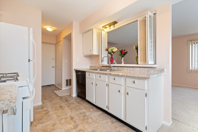 kitchen featuring a sink, baseboards, light countertops, white gas range oven, and dishwasher
