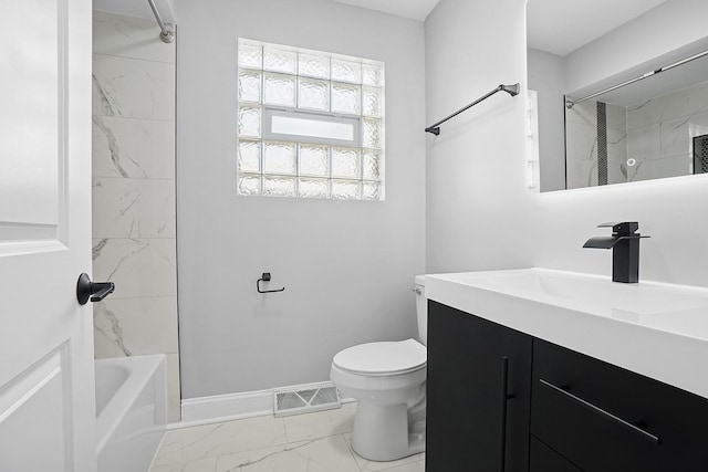 1158 W 111th St, Chicago, IL 60643 - full bath with vanity, visible vents, toilet, marble finish floor, and baseboards