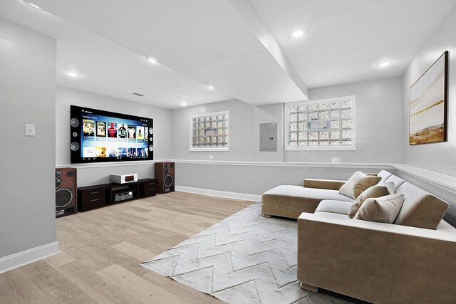 1158 W 111th St, Chicago, IL 60643 - living room featuring wood finished floors, baseboards, electric panel, and recessed lighting