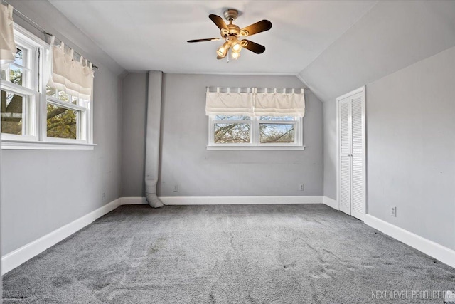 interior space with plenty of natural light, carpet flooring, and ceiling fan
