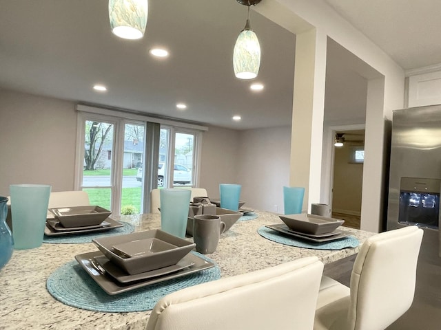 1299 Riverlane Dr, Bradley, IL 60915 - kitchen featuring light countertops, stainless steel fridge, recessed lighting, and pendant lighting