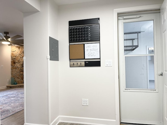 1299 Riverlane Dr, Bradley, IL 60915 - details with baseboards, ceiling fan, wood finished floors, and electric panel