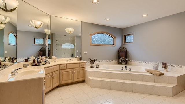 bathroom with a shower stall, a garden tub, double vanity, and a sink