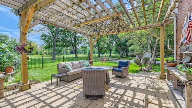 view of patio featuring a fenced backyard, a pergola, and an outdoor hangout area