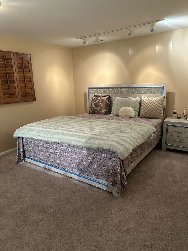 bedroom with track lighting and carpet floors