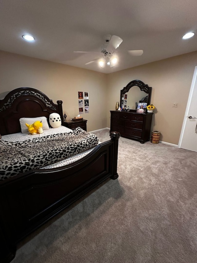 bedroom featuring recessed lighting, a ceiling fan, and carpet