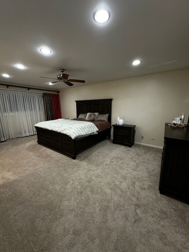 bedroom featuring baseboards, a ceiling fan, recessed lighting, and light colored carpet