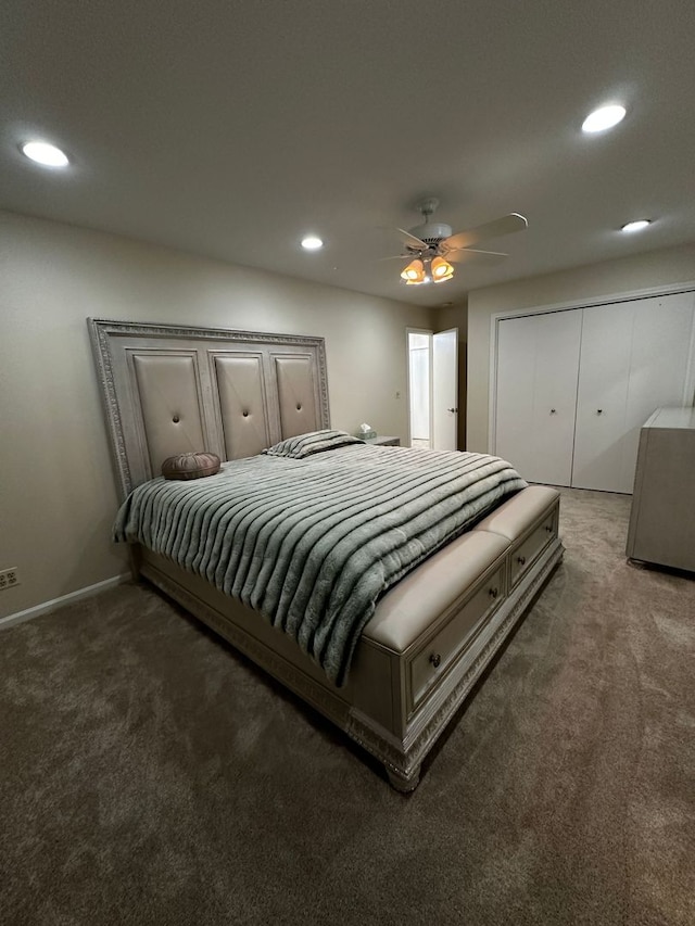 carpeted bedroom featuring recessed lighting, baseboards, and ceiling fan
