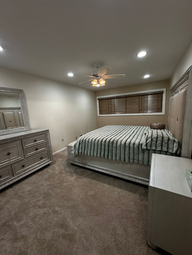 bedroom featuring baseboards, ceiling fan, dark colored carpet, and recessed lighting