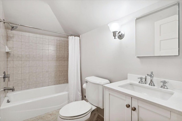 full bathroom featuring vanity, shower / bathtub combination with curtain, vaulted ceiling, and toilet
