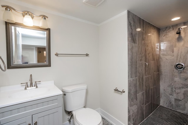 full bath with vanity, toilet, visible vents, and tiled shower