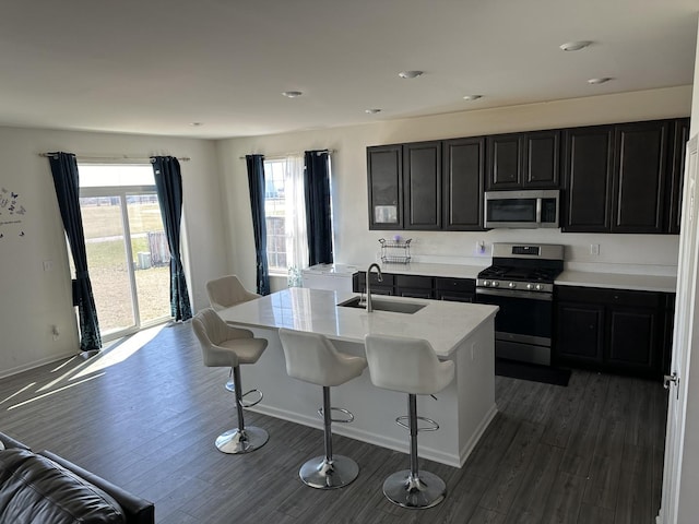 kitchen featuring a sink, stainless steel appliances, dark cabinets, and dark wood-style flooring