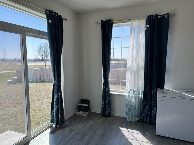 spare room featuring plenty of natural light, baseboards, and wood finished floors