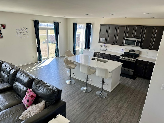 kitchen with open floor plan, a kitchen bar, wood finished floors, stainless steel appliances, and a sink