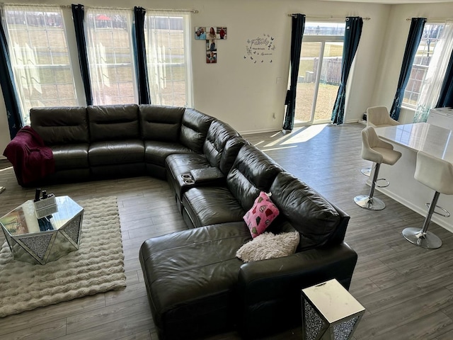 living area with baseboards and wood finished floors
