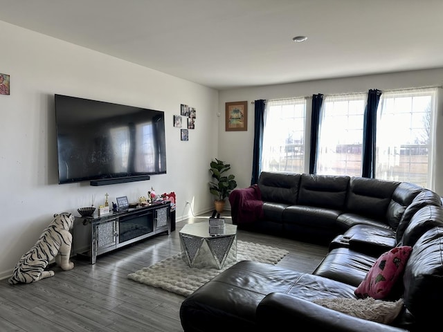 living room featuring baseboards and wood finished floors